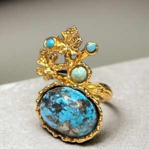 24k Gold Plated Artisan Turquoise Leaf Twig Free Form Massive Statement Ring